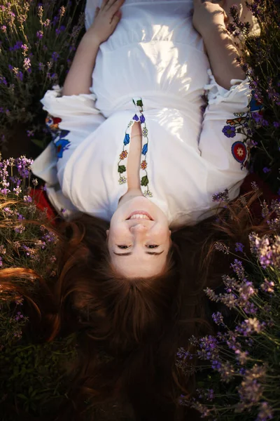 Pretty Red Head Woman Lavender Field Portrait — 图库照片