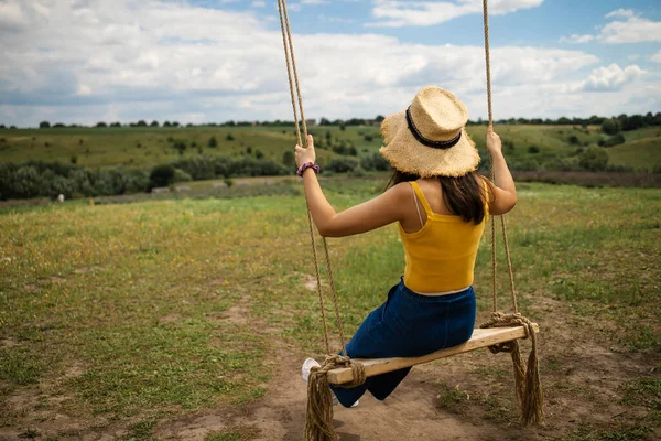 Unrecognizable Girl Swings Calm Sunny Day Lady Sits Wooden Swing — Stok Foto