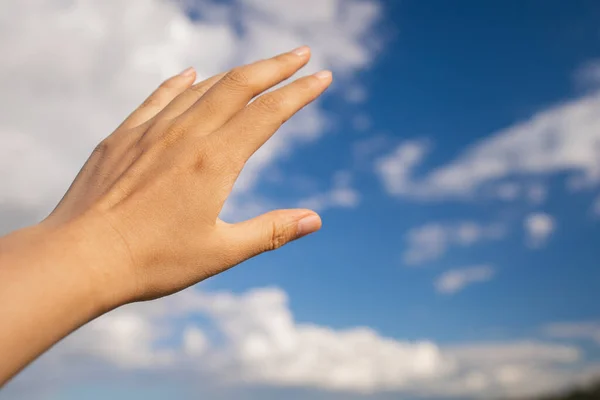 Female Hand Palm Blue Sky Clouds — Φωτογραφία Αρχείου