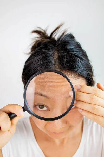 Face Asian Woman Forehead Wrinkles Face Aging Skin Forehead Crow — Stockfoto