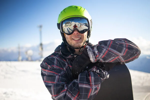Close Portrait Skier Mask Helmet Background Snow Capped Mountains Blue — Stockfoto