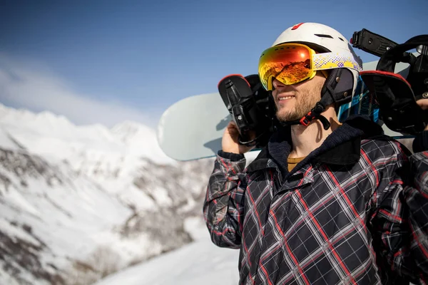 Close Portrait Skier Mask Helmet Background Snow Capped Mountains Blue — Stockfoto
