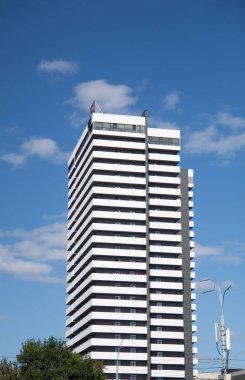 low angle view of skyscrapers on sunny day in Ukraine, Kiev.