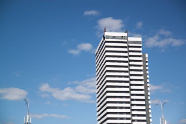 low angle view of skyscrapers on sunny day in Ukraine, Kiev.