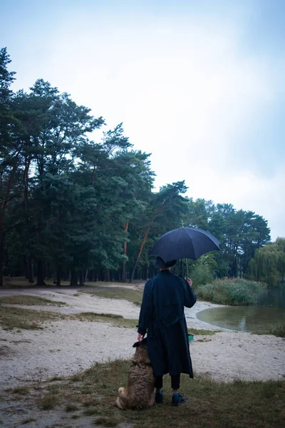 Молодой Англичанин Стильном Винтажном Пальто Зонтиком Гуляющий Дождевом Лесу Собакой — стоковое фото