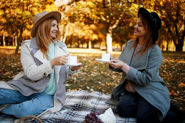 Two girlfriends having cozy autumn picnic in countryside with hot tea, sandwiches enjoying sunny days. Happy laughing female friends or sisters travel to woods on weekend together.