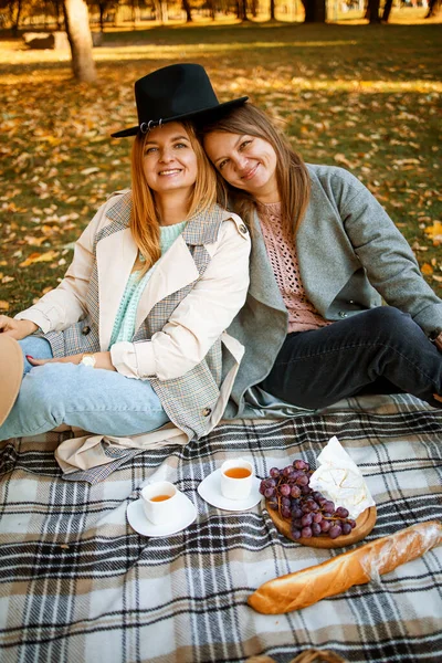 Dvě Přítelkyně Pletených Teplých Svetrech Kabátě Mají Piknik Podzimním Lese — Stock fotografie