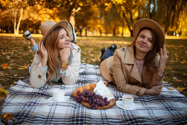 Two girlfriends having cozy autumn picnic in countryside with hot tea, sandwiches enjoying sunny days. Happy laughing female friends or sisters travel to woods on weekend together.