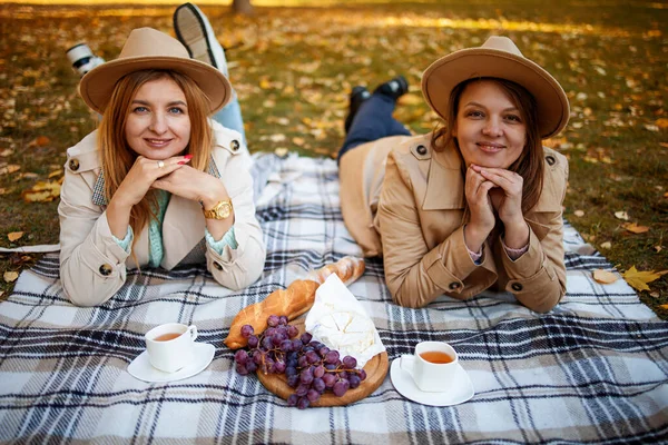 Two girlfriends having cozy autumn picnic in countryside with hot tea, sandwiches enjoying sunny days. Happy laughing female friends or sisters travel to woods on weekend together.