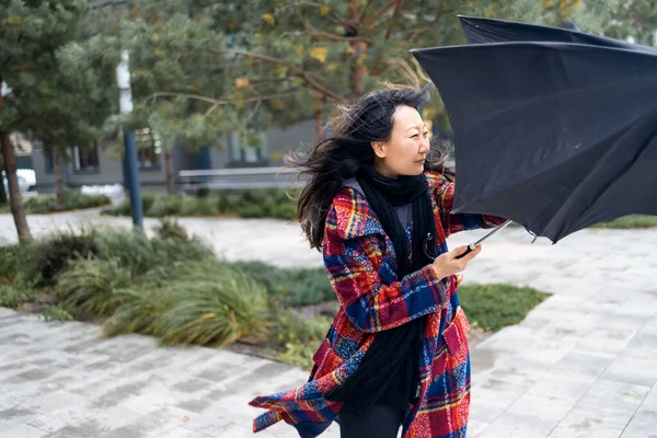 Жінка Намагається Тримати Свою Парасольку Під Сильним Вітром — стокове фото