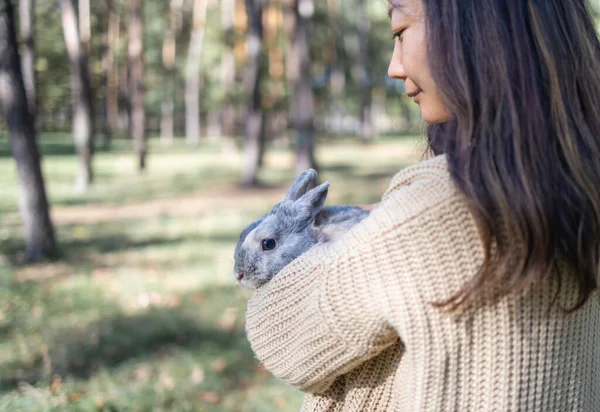 Adorable Jeune Lapin Femme Assis Ensemble Plein Air Dans Forêt — Photo