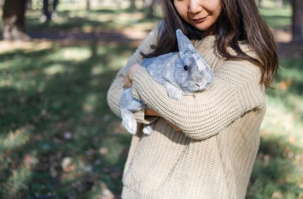 Adorable Jeune Lapin Femme Assis Ensemble Plein Air Dans Forêt — Photo