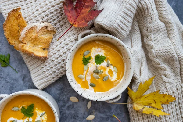 Vegetarian Musim Gugur Sup Labu Krim Dengan Biji — Stok Foto