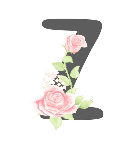 분사기 꽃 알파벳 Z, 분홍 크림 장미 꽃 과 녹색 잎 — 스톡 벡터