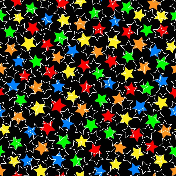 Estrellas de color sobre fondo negro sin costuras — Vector de stock