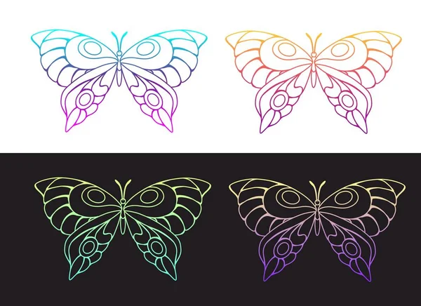 Glowing Butterfly Neon Signs Set Isolated on White and Black Backgrounds — Stock Vector