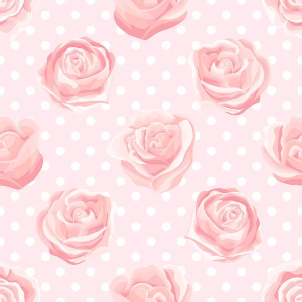 Pastel colored seamless pattern with cream pink roses on polka dot background — Image vectorielle