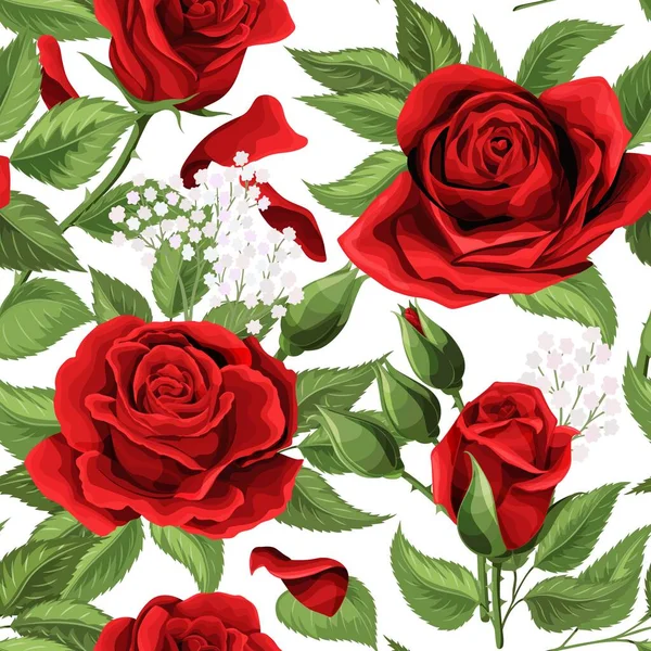 红玫瑰花束,绿叶无缝花纹. 花卉元素设计 — 图库矢量图片