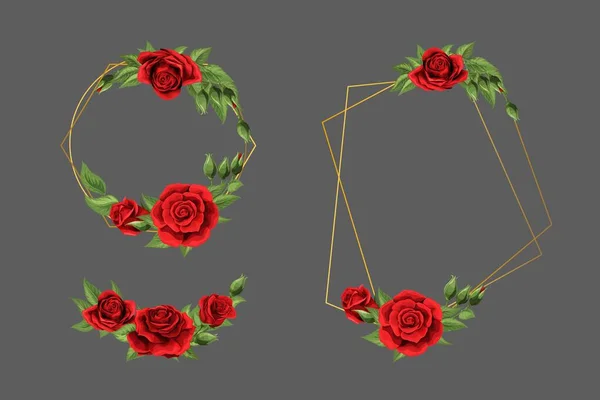 結婚式の招待状カードのデザインテンプレート。金色の枠を持つ赤いバラの花 — ストックベクタ