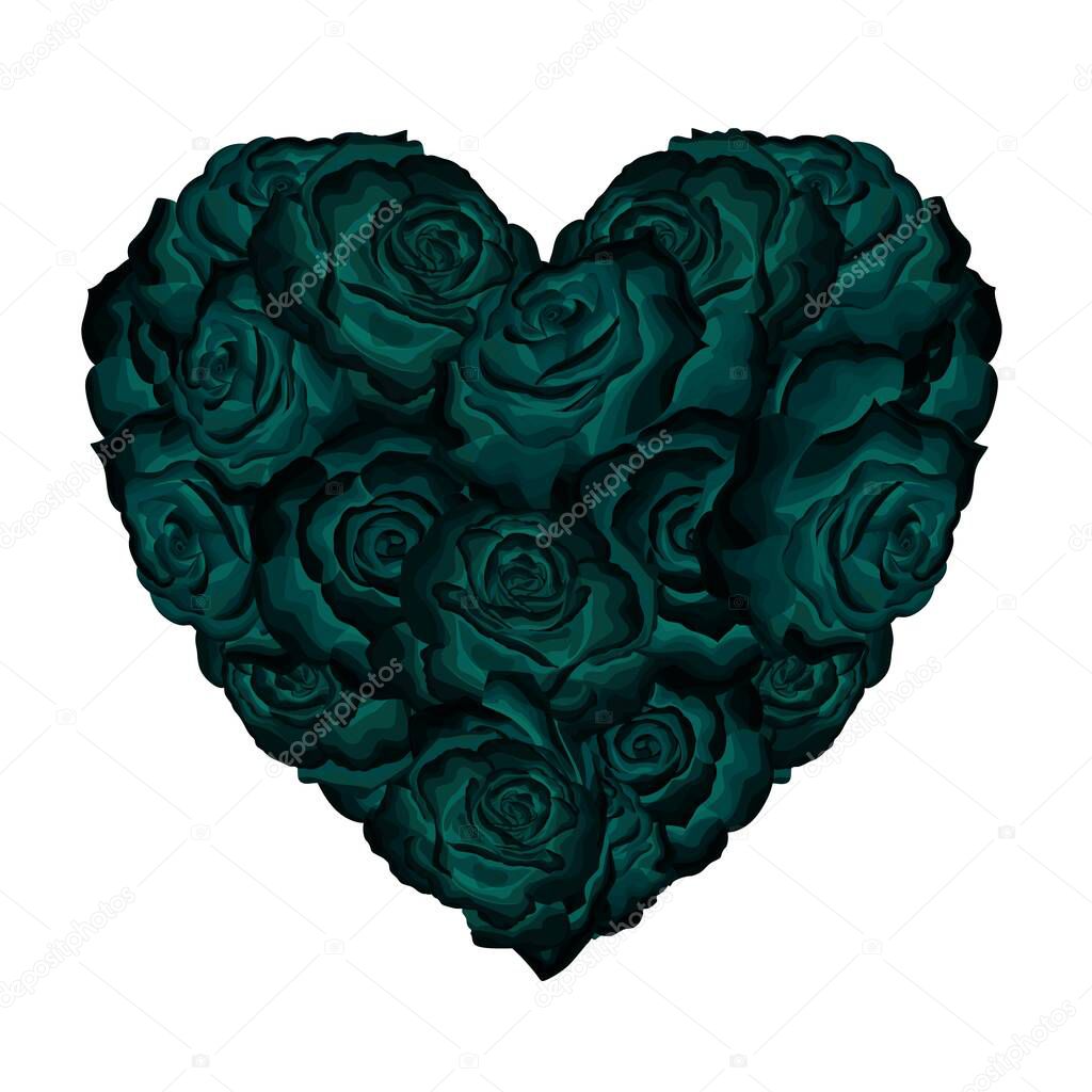 Gothic mystic dark roses filled heart isolated on white background