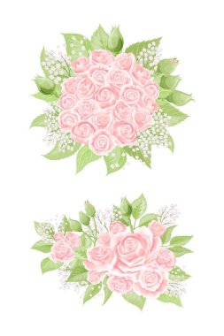 Beyaz arka planda yeşil yapraklı, pembe gül buketleri.