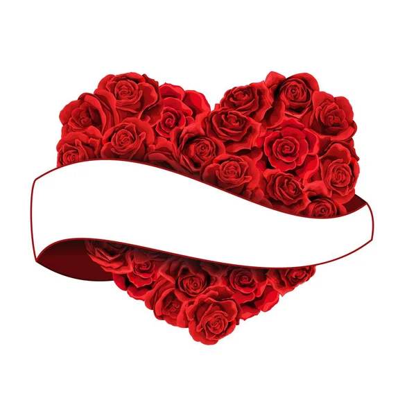 Sevgililer Günü 'nde kırmızı güller kalbi kurdeleyle doldurdu. — Stok Vektör