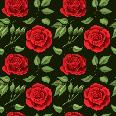 Kırmızı güller işlemeli, dikişsiz desen. Güzel kırmızı gül tomurcukları siyah üzerine