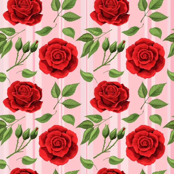 Червона троянда квітковий букет розкладає листя безшовними візерунками шпалери — стоковий вектор