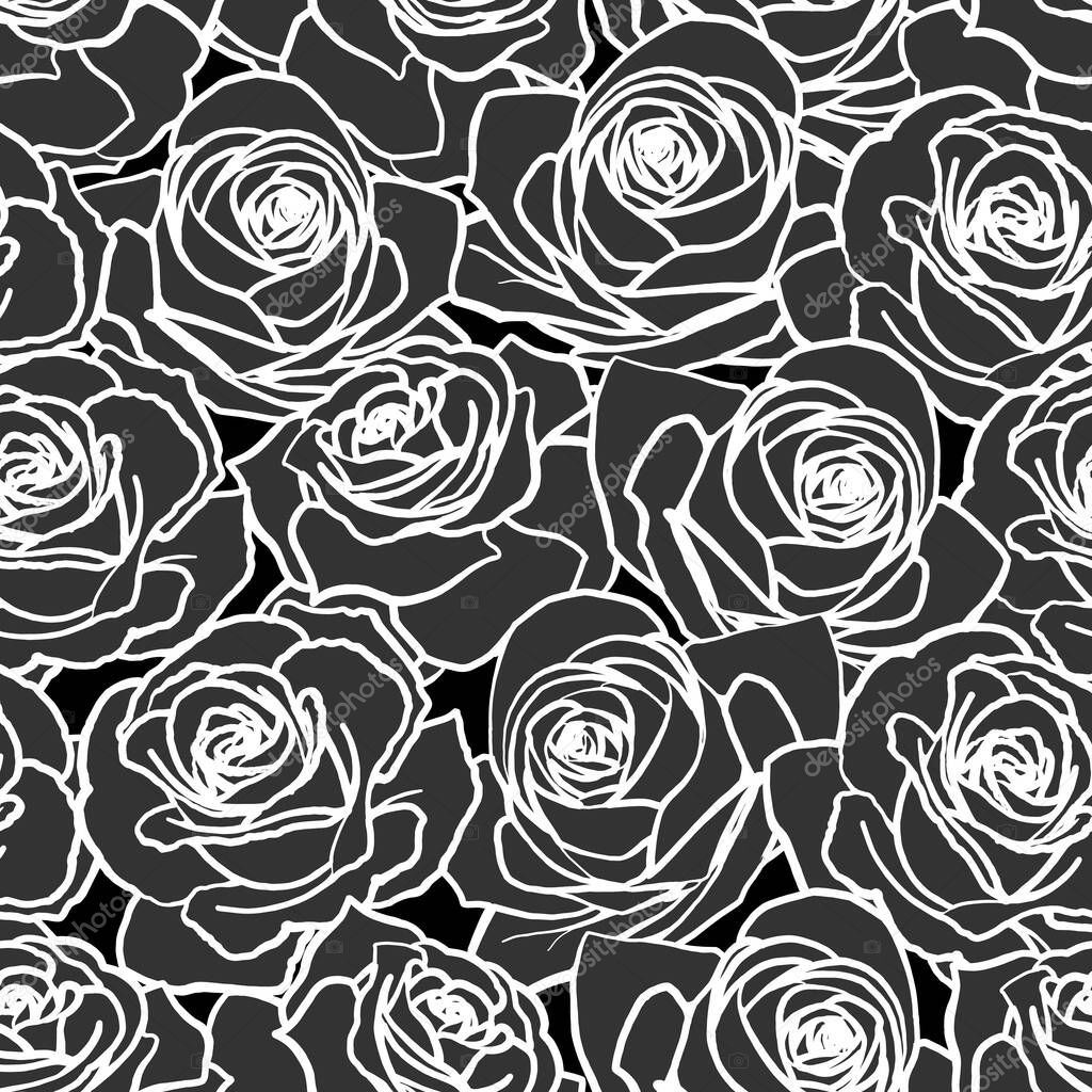 Vector seamless pattern. Black outline rose flowers on dark background