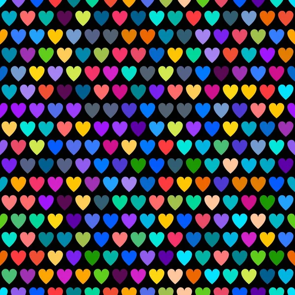 Leuk patroon in hartjes. Kleine gekleurde hart vormen op donkere achtergrond — Stockvector