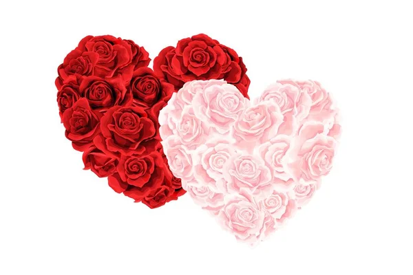 Ramos de corazón vectorial de rosas rojas y rosadas crema flores aisladas en un blanco — Vector de stock