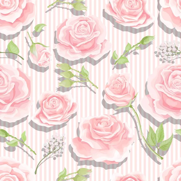 Сливочно-розовые розы бесшовный векторный узор с вертикальными полосами фона — стоковый вектор