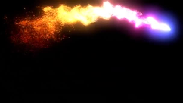 Ракета или комета летят вправо. Разноцветные искры фейерверка, летящие в чёрном — стоковое видео