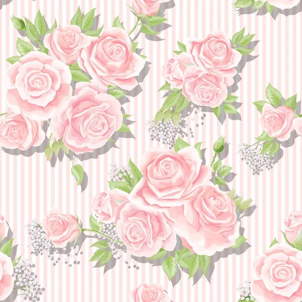 具有垂直条纹背景的乳白色粉红玫瑰无缝矢量图案 — 图库矢量图片