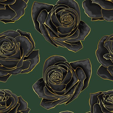 Siyah gül buketleri, altın çizgili, koyu renk desenli.