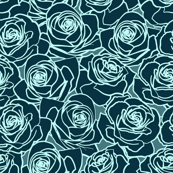 Patrón sin costura vectorial. Azul marino contorno rosa flores sobre fondo oscuro — Archivo Imágenes Vectoriales
