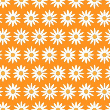 Seamless chamomile vector pattern. Simple floral textile design flowers on orange. Happy mother day, womens day, girls birthday, summer seasonal background. Cute girl fabrics print
