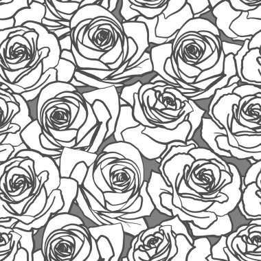 Vector vintage seamless pattern. White and gray outline rose flowers background for fabric design, textile print, wrapping paper or web backgrounds.