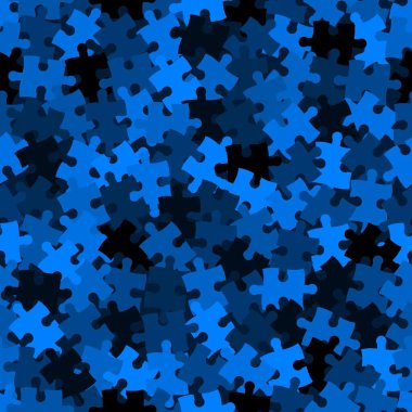 Azure blue chaos puzzle background, banner, texture. Vector jigsaw section template. Background with mixed puzzle pieces, mosaic, details, tiles, parts. Abstract rectangle jigsaw fabric print.