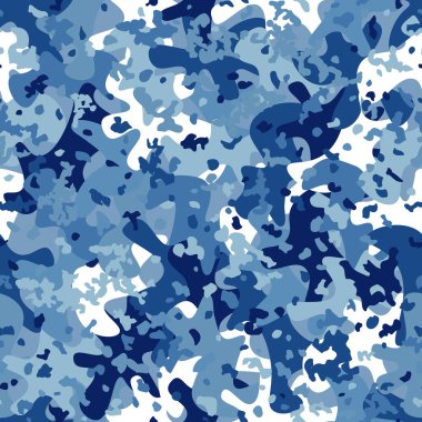 Soyut, pürüzsüz, renkli, kaotik noktalı şehir polisi kamuflajı. Gökyüzü mavi, beyaz ve gri tonlarda. Vektör kamuflaj dokusu çizimi.
