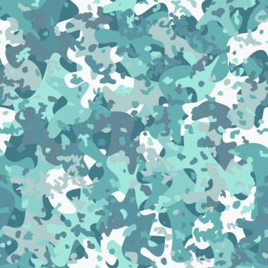 Abstract seamless pattern urban or air force camouflage with colored chaotic fleck dots background. Sky blue, arctic white and gray tones. Vector camouflage texture illustration.
