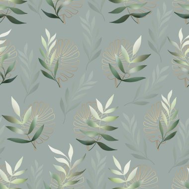 Leaves and branches vector seamless pattern. Brush leaves and twigs. Olive branch modern ornament. Hand drawn eucalyptus, laurel twig. Abstract plant foliage motif texture