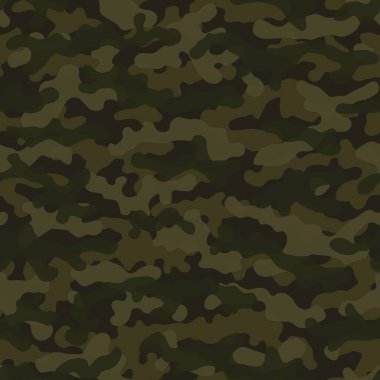 Camouflage seamless pattern background. Classic four color clothing style masking camo repeat print. Green brown olive colors forest texture. Vector illustration.