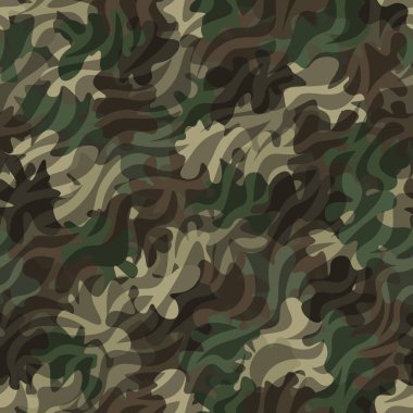 Woodland camouflage seamless pattern background. Zebra and khaki clothing style masking camo repeat print. Dark green and brown colors forest texture. Vector illustration.