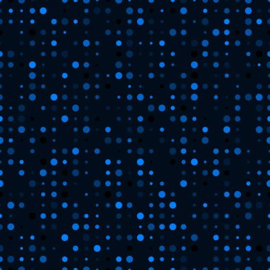 Gök mavisi renkli kaotik dairelerle kusursuz bir desen. Koyu mavi renklerle soyut, sonsuz arka plan. Vektör illüstrasyonu.