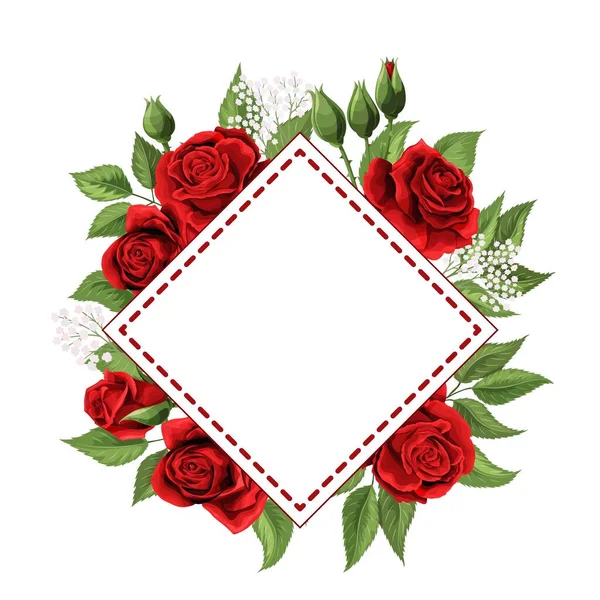 Leerer Vektorrahmen Mit Roten Rosenblüten Und Blättern Isoliert Auf Weiß — Stockvektor