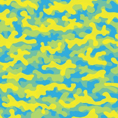 Ukrayna bayrağı mavi ve sarı yarım tonlu benekler. Klasik kıyafet tarzı kamuflajsız iz bırakıyor. Şehir dekoratif kamuflaj dokusu arka planı. Tasarım elemanı vektör çizimi.