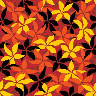 Vector seamless red, orange, yellow and black colored leaf pattern texture. Engraved illustration of wilted leaves. Urban South Africa decorative camouflage background of maple leaf on the ground