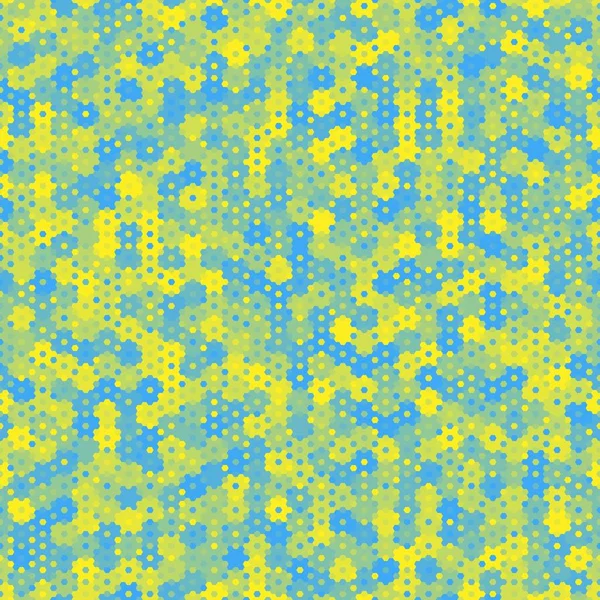 Camouflage Seamless Pattern Yellow Blue Halftones Hexagonal Geometric Alien Camo — 스톡 벡터