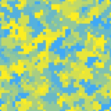 Ukrayna bayrağının sarı ve mavi yarım tonlu piksel kamuflaj taklidi. Tekstil Yazdırma, Banner, Kart, Web ya da Mobil Uygulamalar için Modern Camo Dokusunun Kusursuz Örnekleri Vektörü.